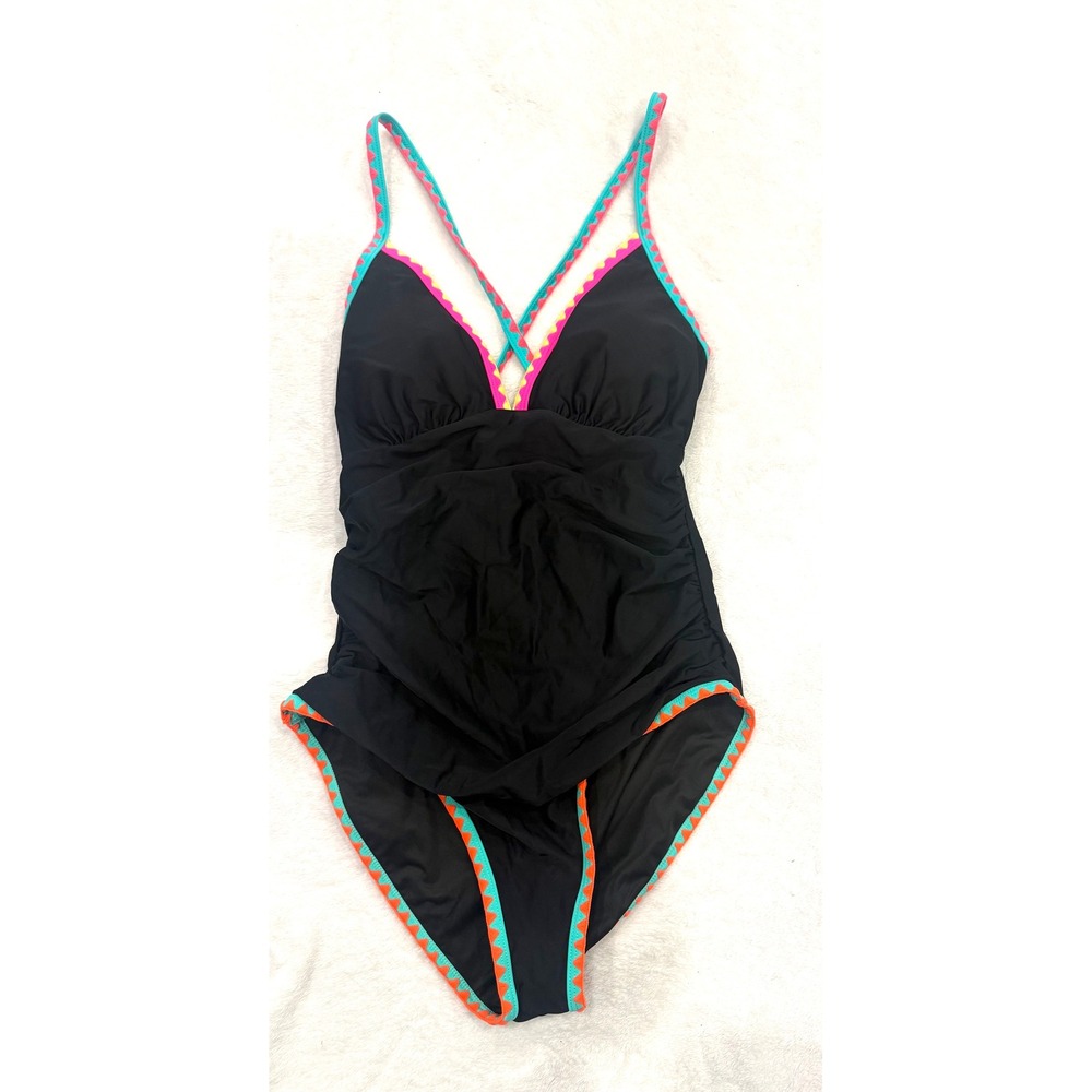 POPVIL Womens Black One Piece Swimsuit Neon Embroidered Ruched V-Neck Size S
